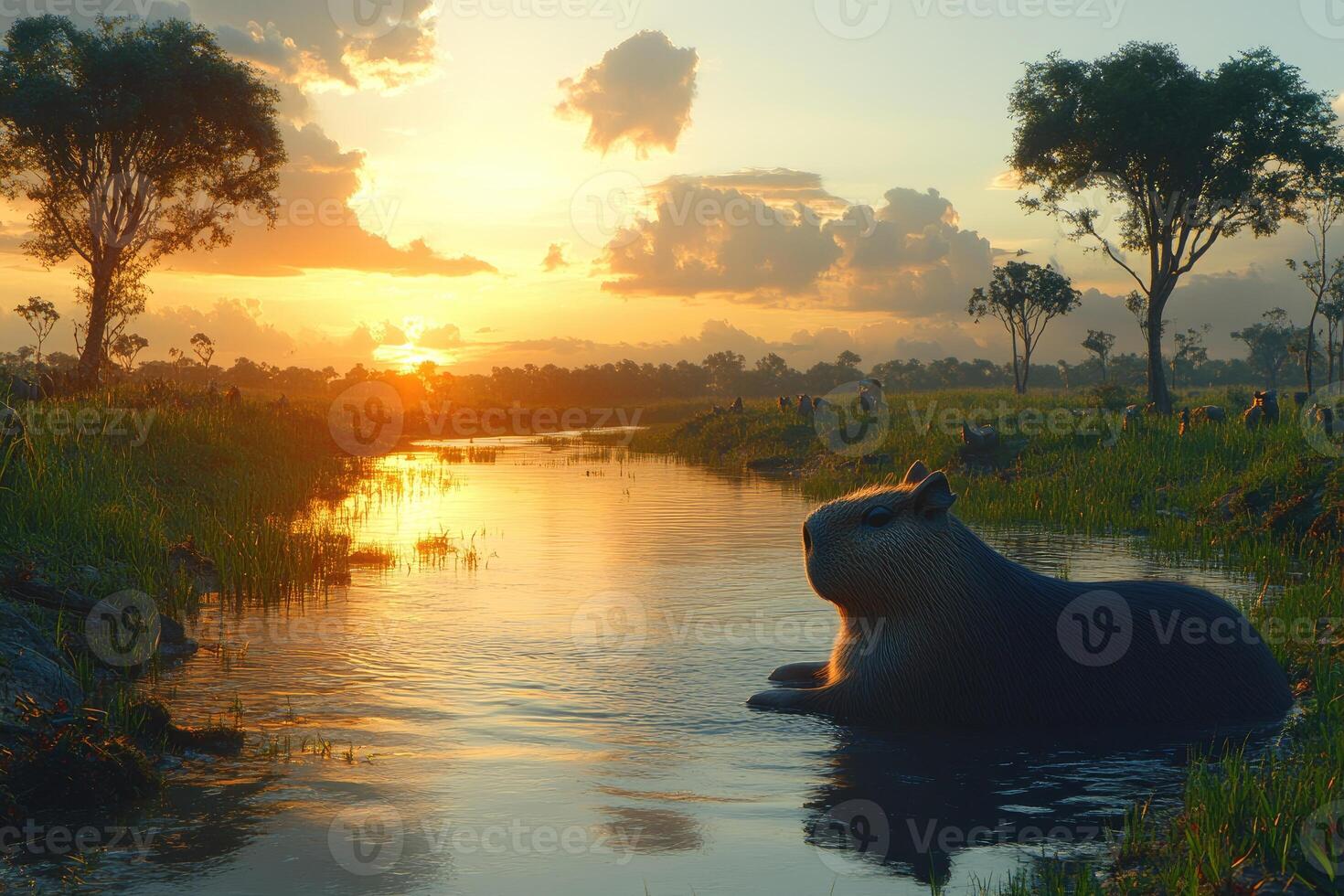Serene sunset over a river with a capybara. photo