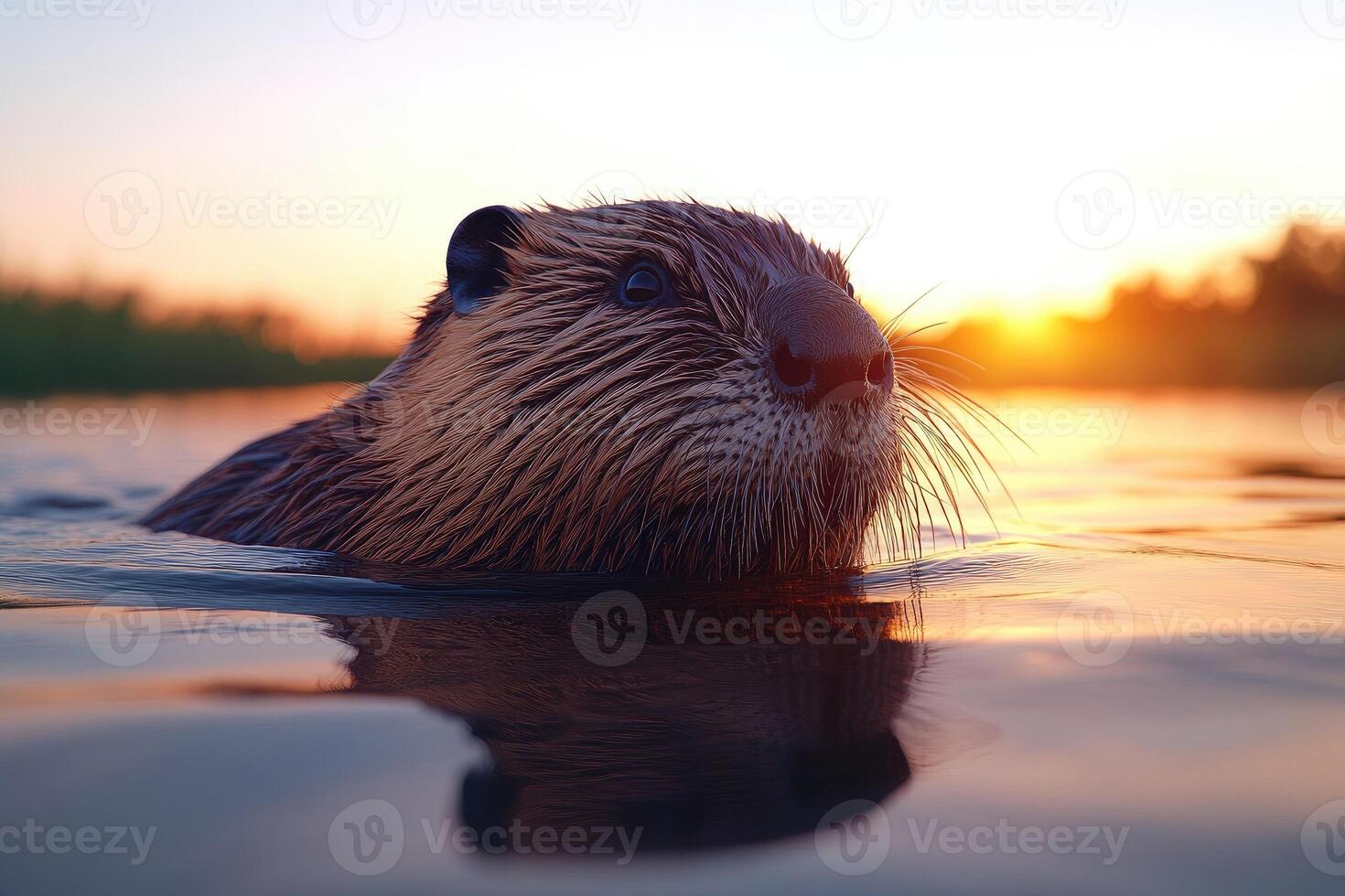 Close-up of a playful rodent swimming in placid water. photo