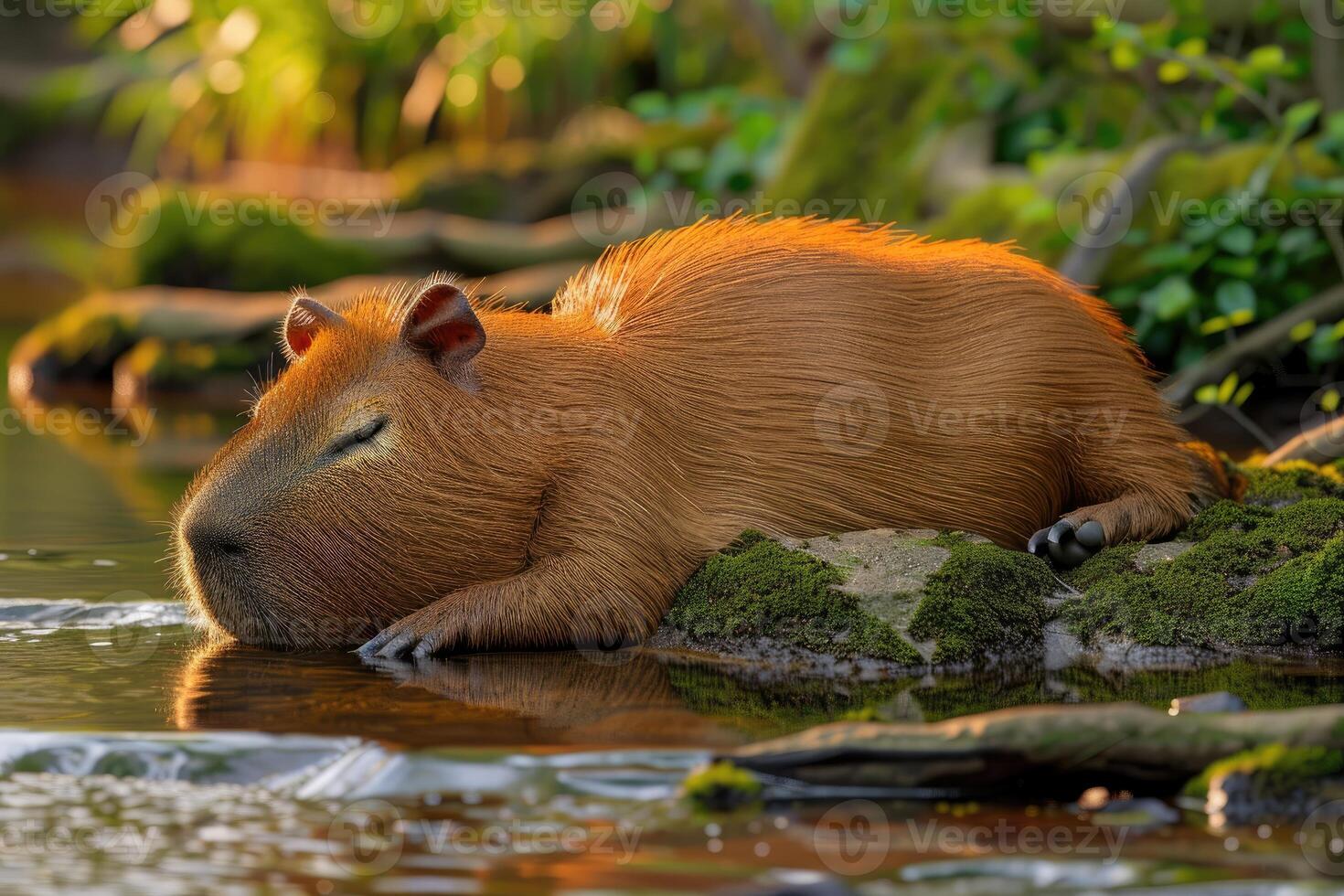 Relaxed capybara resting near a tranquil stream. photo