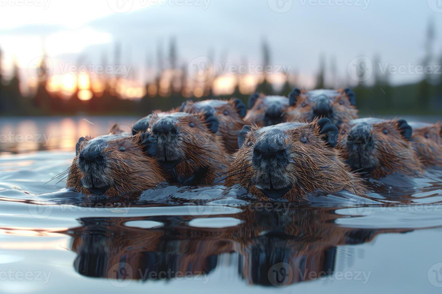 Group of beavers swimming in a tranquil lake at sunrise. photo