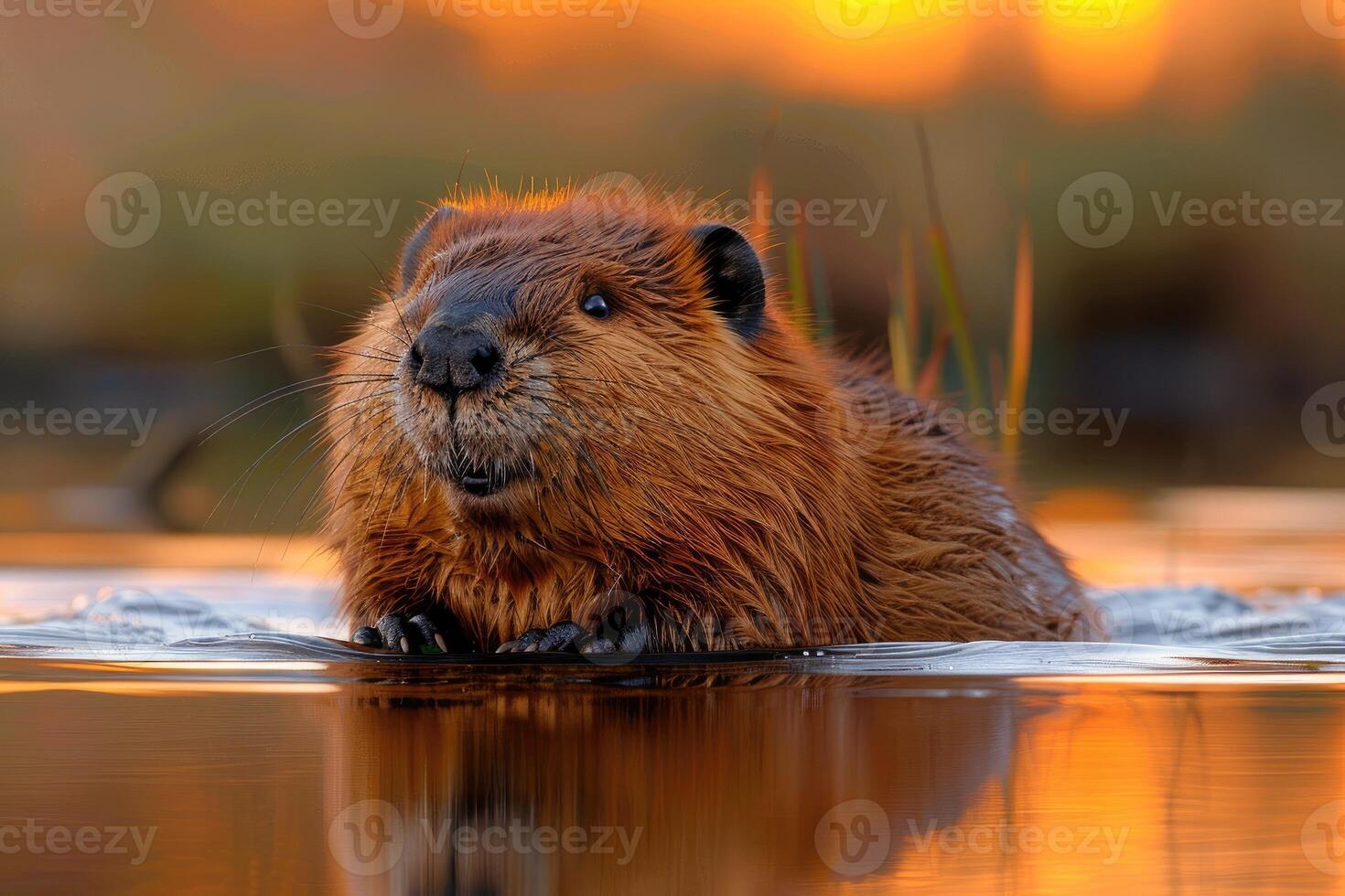 Close-up view of a beaver in shallow water. photo