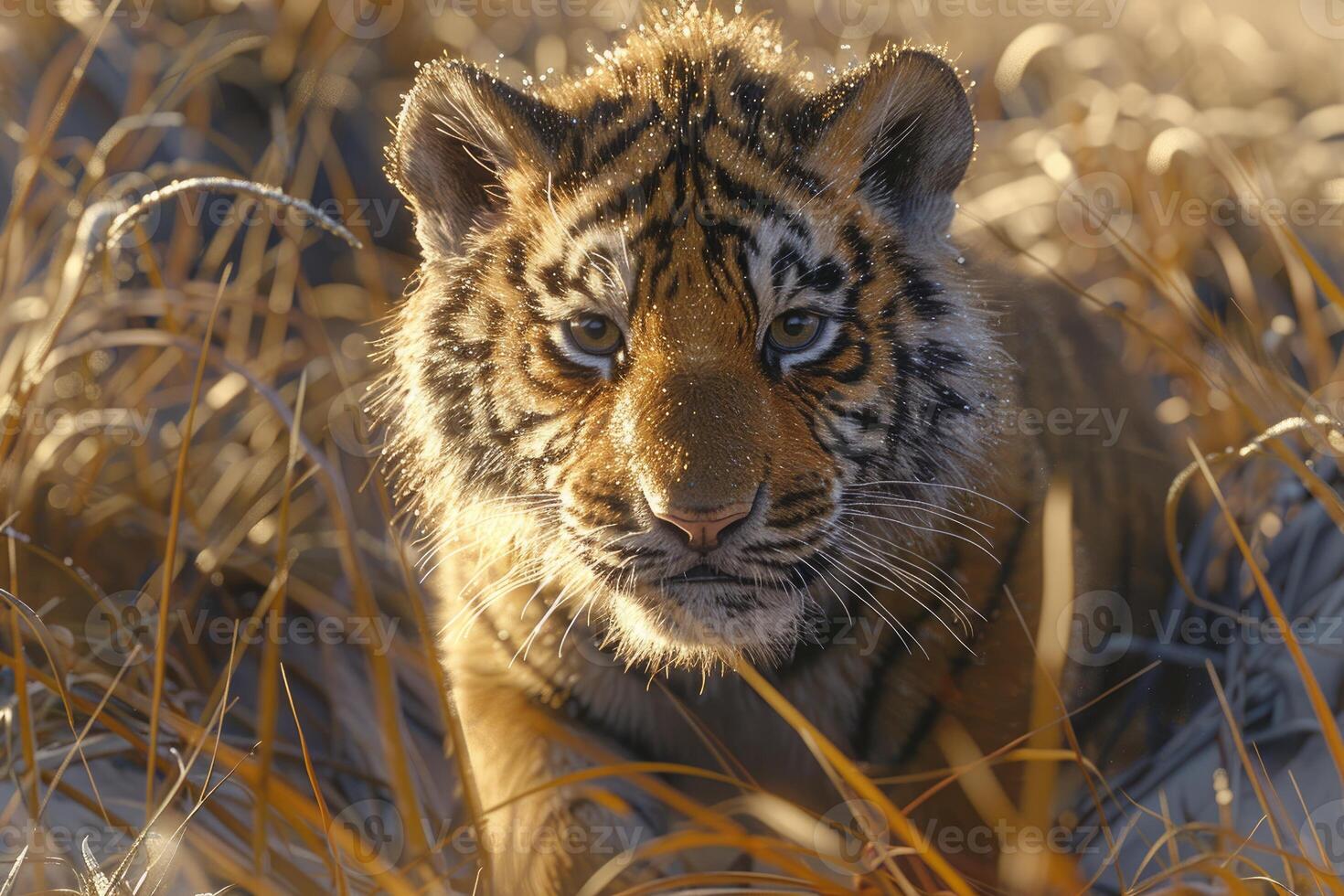 Adorable tiger cub emerging from tall grasses in natural habitat. photo