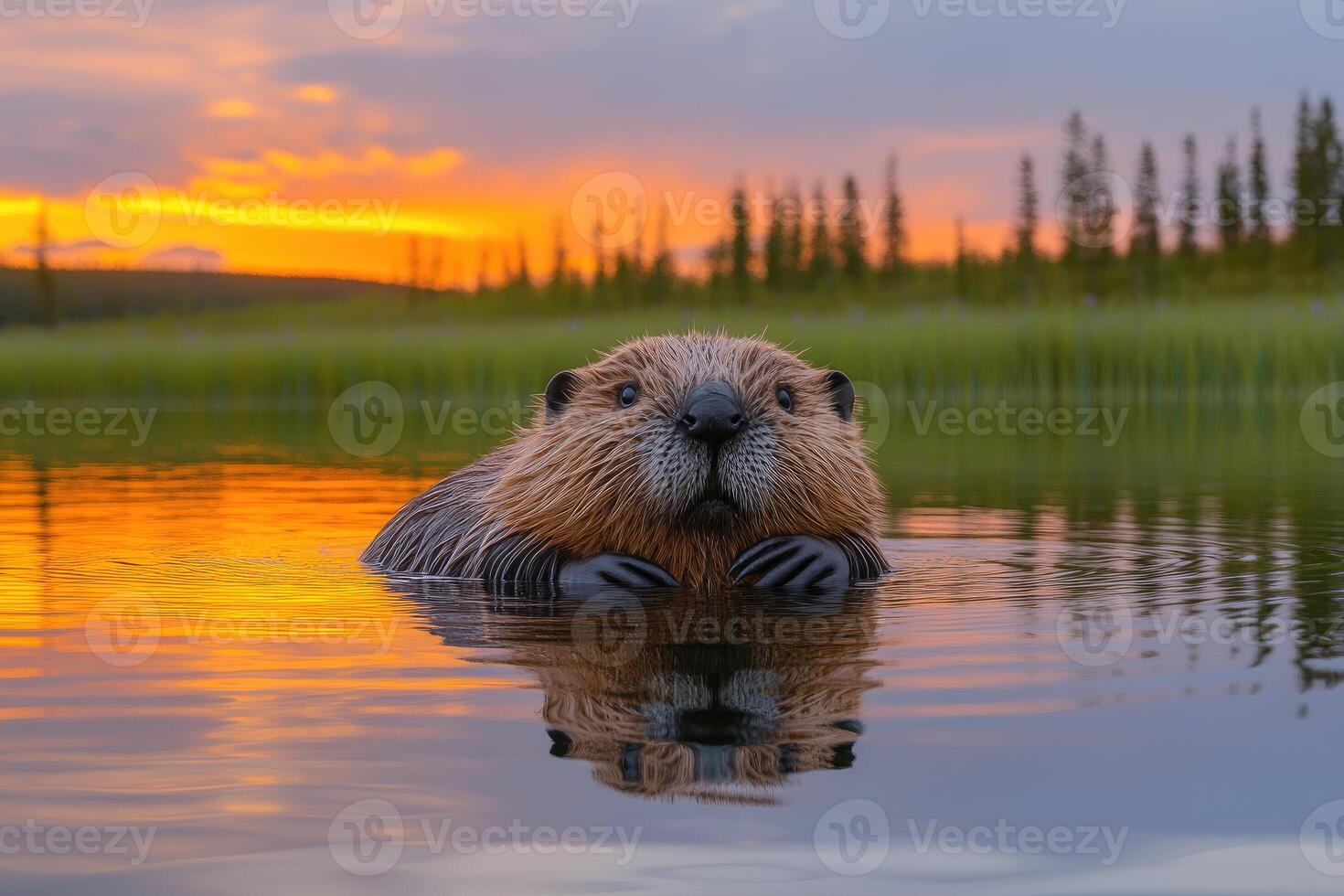 Beavers serene reflection in golden sunset light. photo