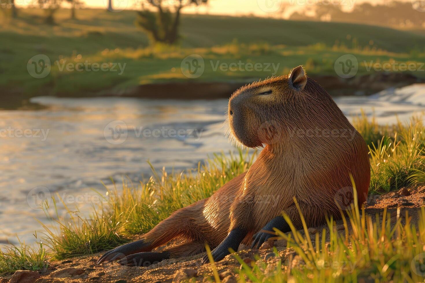 Capybara relaxing by a serene riverbank at dawn. photo