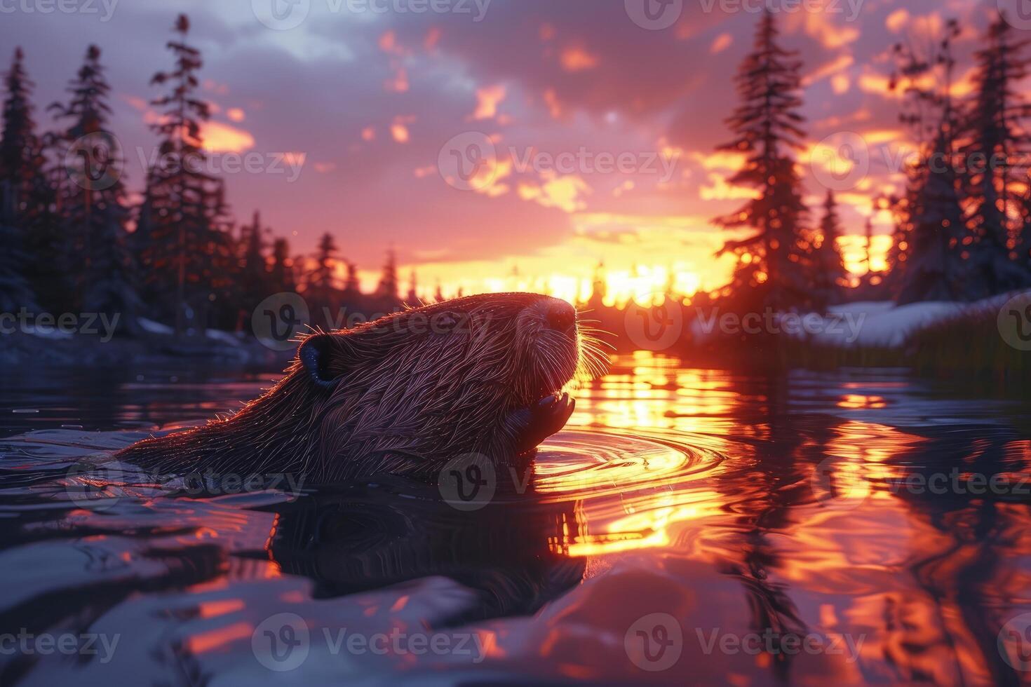 Sunset view of a rodent in a serene natural setting. photo