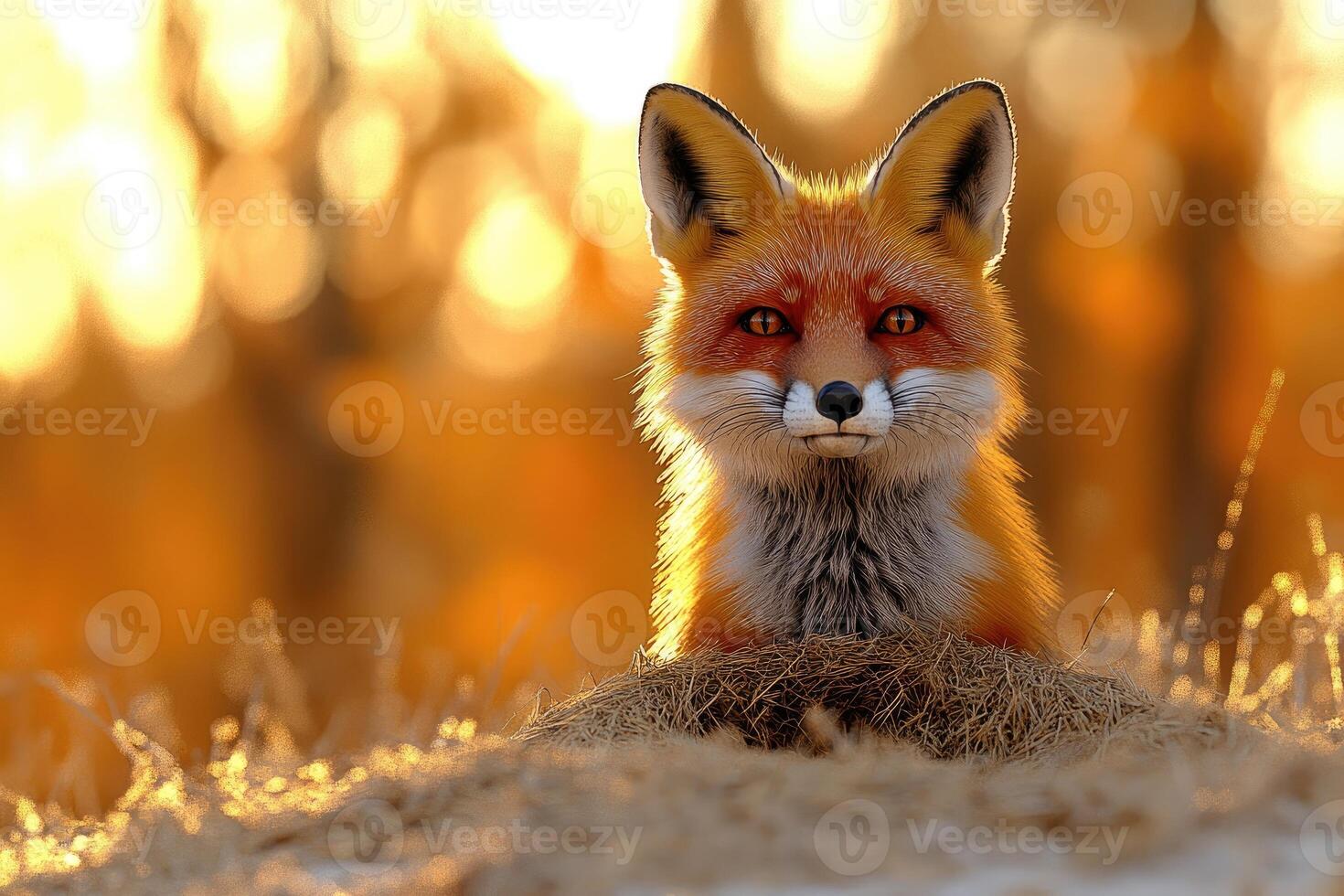 A focused portrait of a red fox at sunset. photo