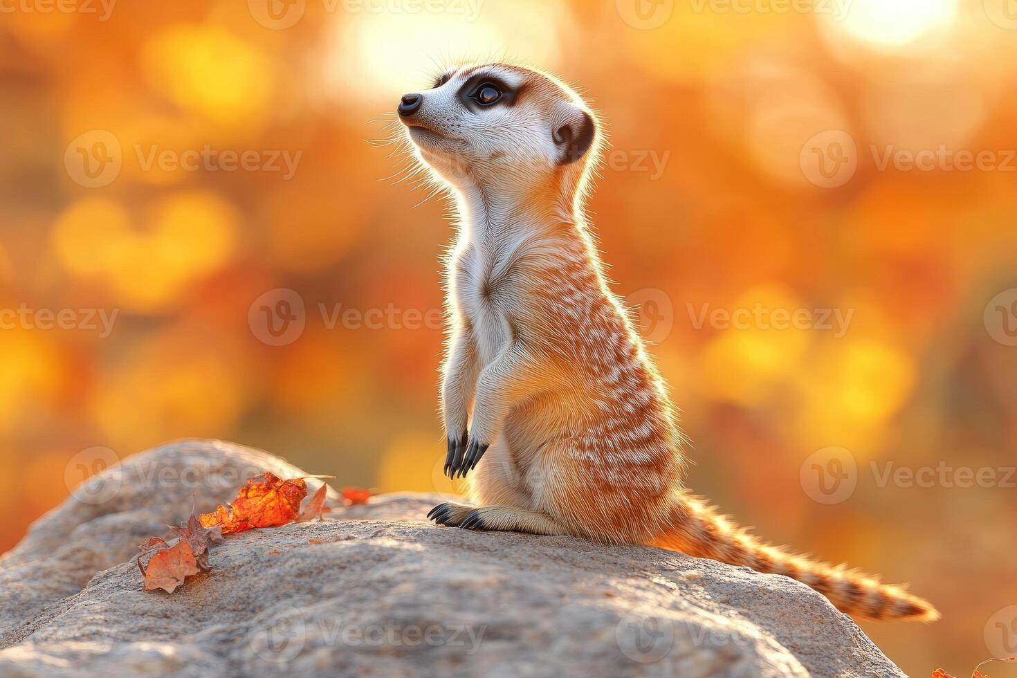 Small meerkat standing alert on a rock, bathed in golden light. photo