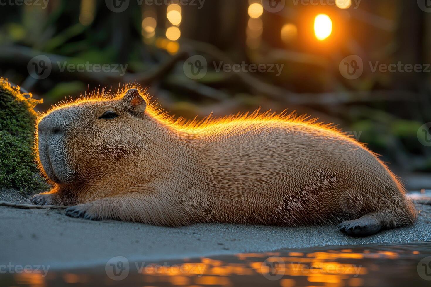 Capybara basking in golden sunset light. photo