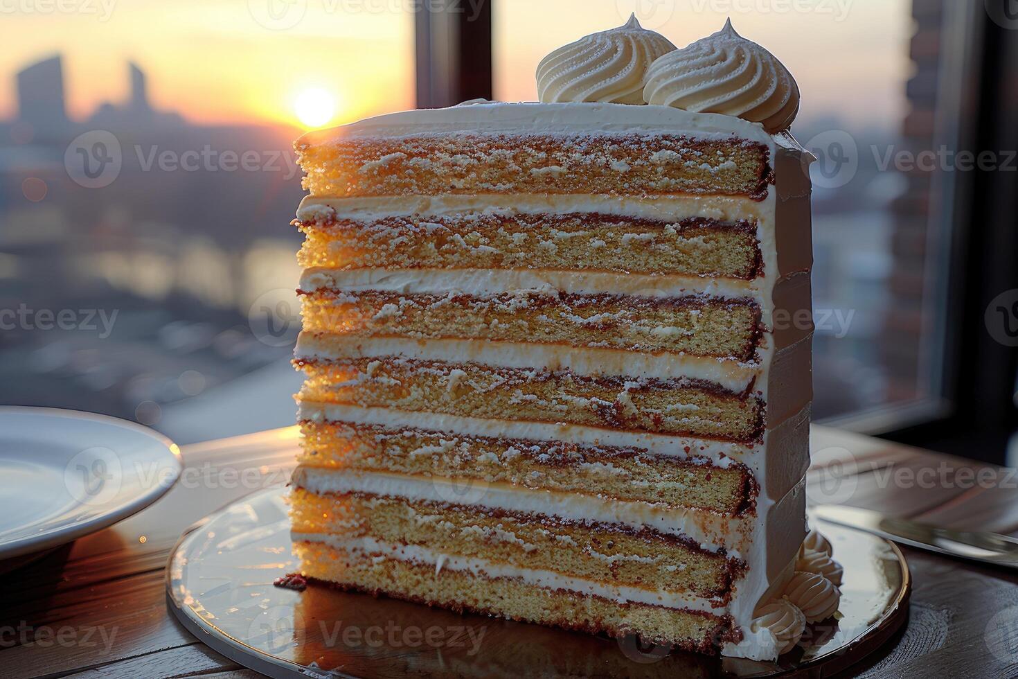 A delectable slice of layered cake, adorned with cream, against a sunset view. photo