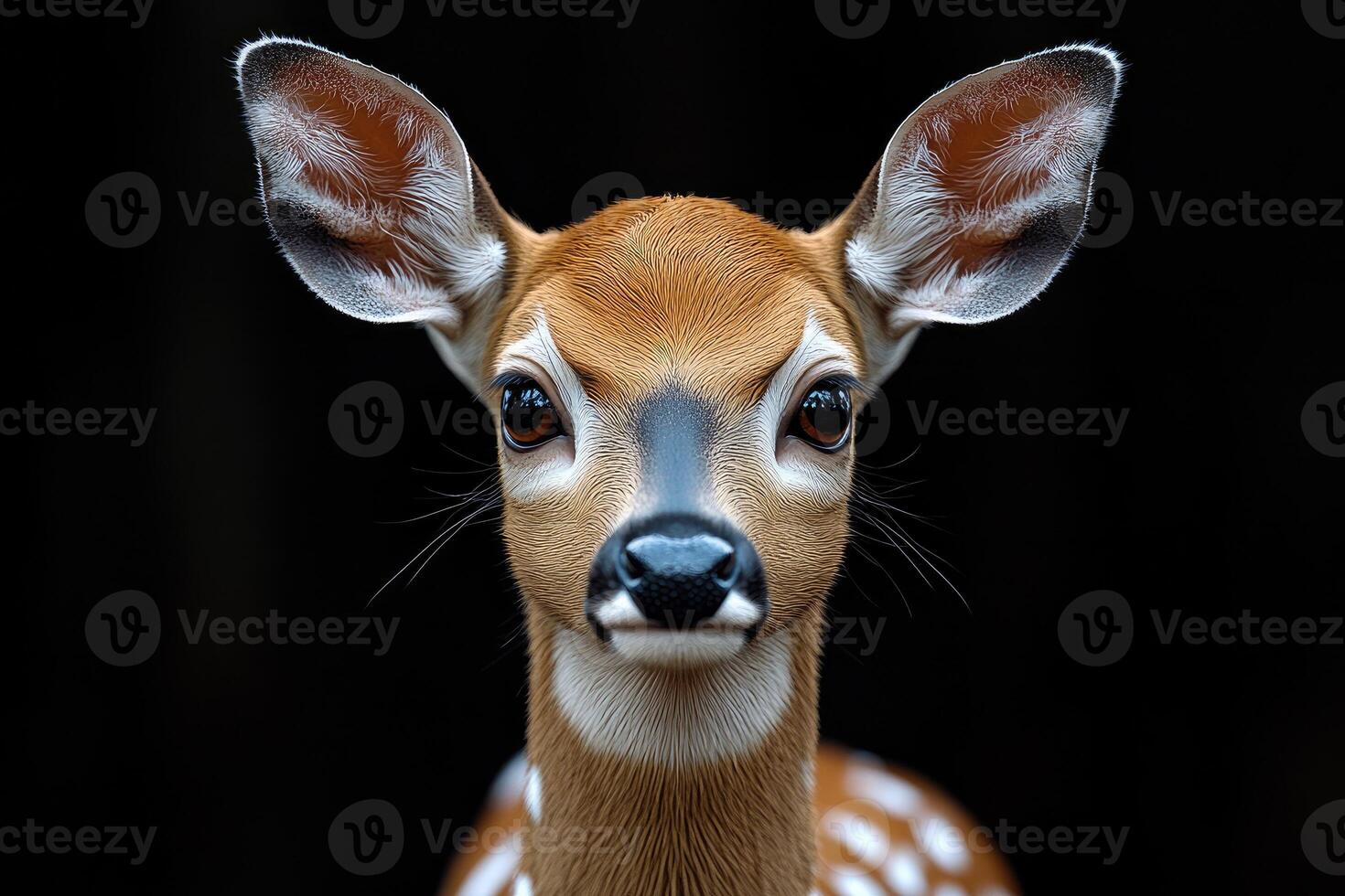Close-up portrait of a fawn against a dark background. photo