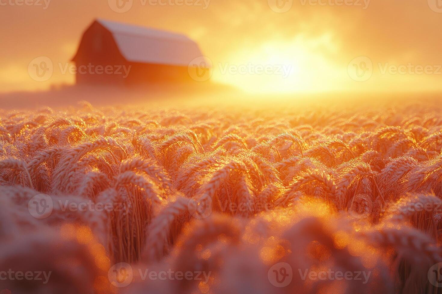 Golden sunrise over a frosty field of grain with a rustic barn. photo