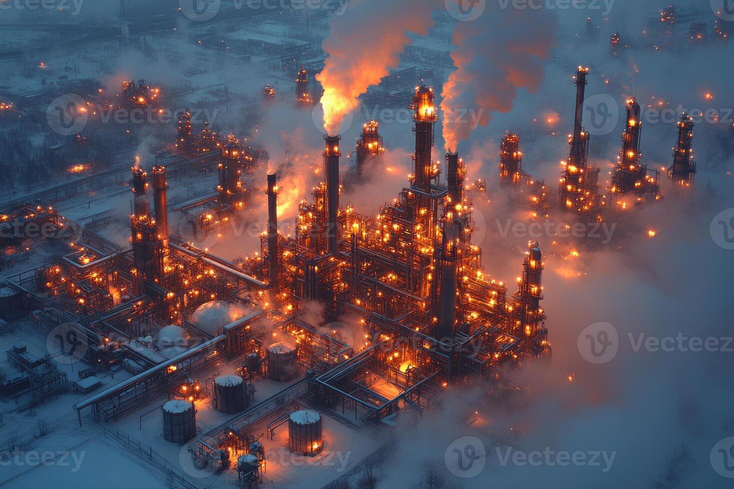 Industrial complex at night, illuminated by flames and lights. photo
