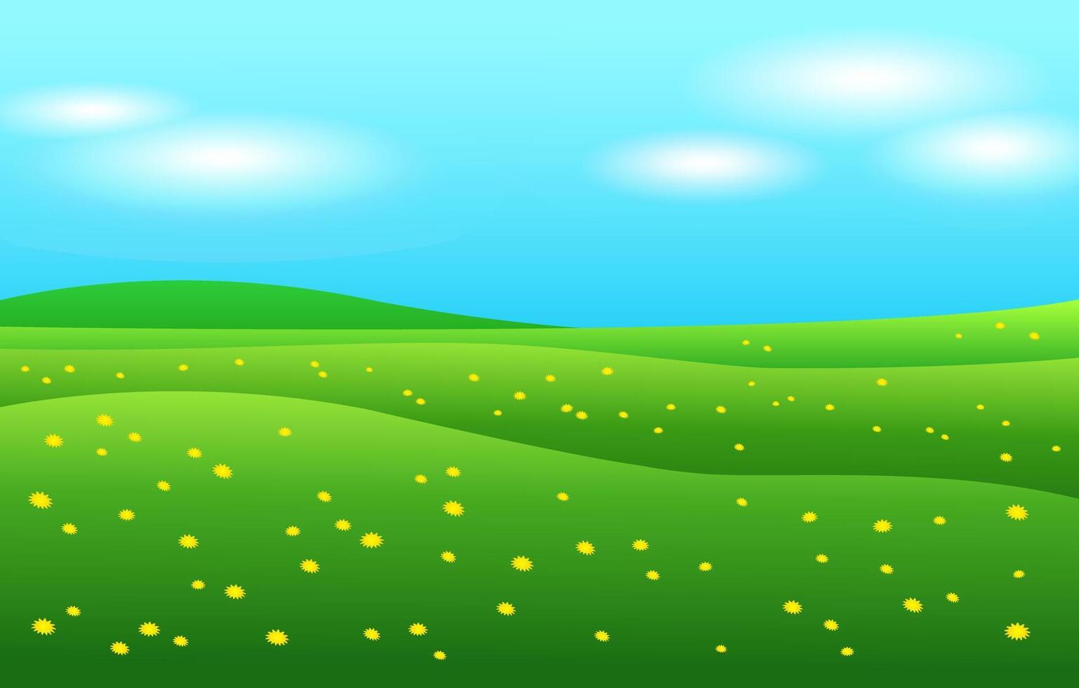 Realistic cartoon green fields, hills and meadows with a blue sky with clouds. 3d illustration for backgrounds, games, children sites. Summer sunny landscape with dandelions, bright and colorful. vector
