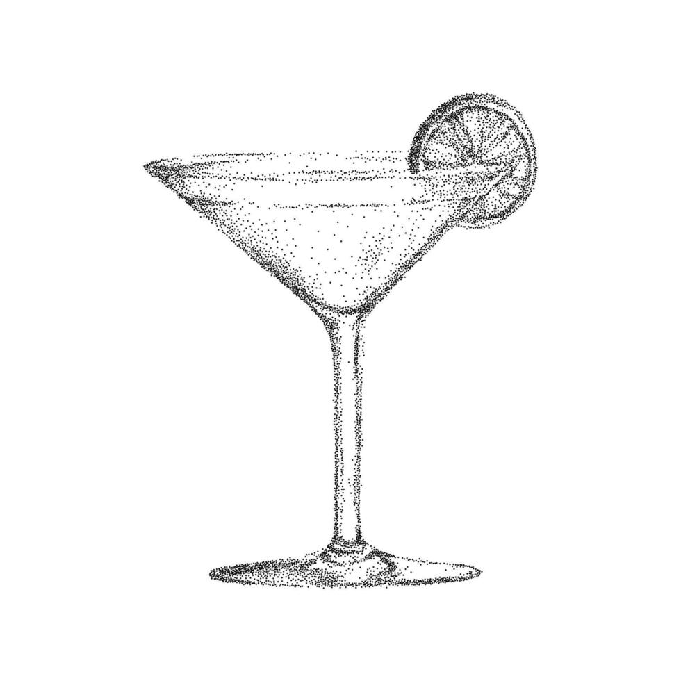 Hand drawn Italian style cocktail, drink with retro pop art stipple texture. Noisy gritty dot halftone effect on vintage ink sketch for stylish cafe illustrations. vector