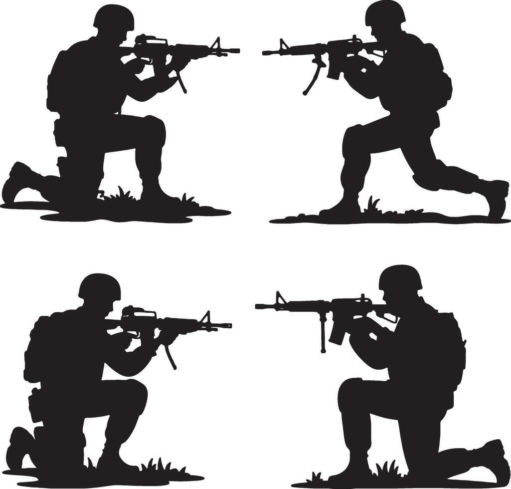 Silhouettes of soldiers kneeling with rifles vector