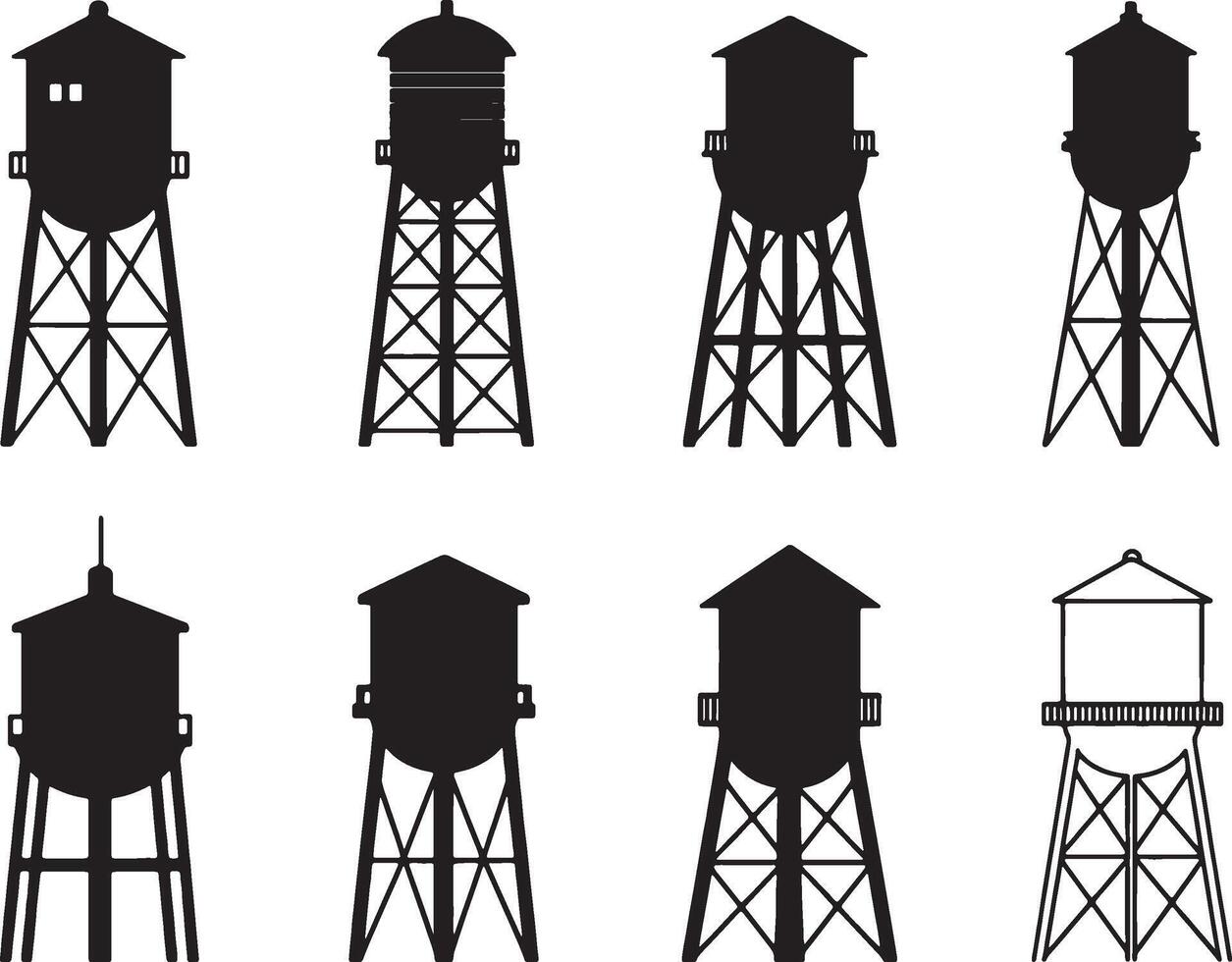 Eight silhouettes of water towers various designs vector