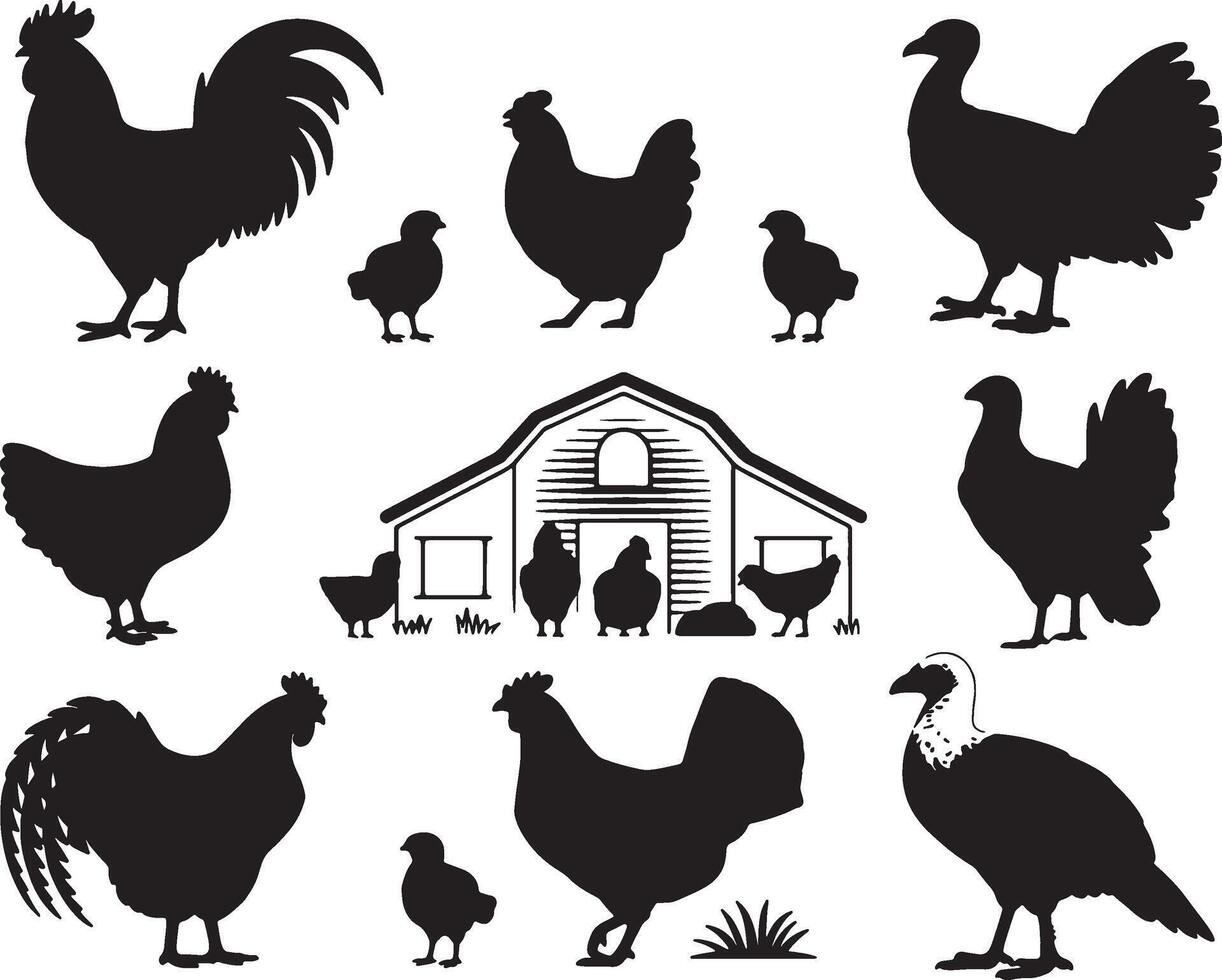 chicken silhouettes set of farm animals illustration vector