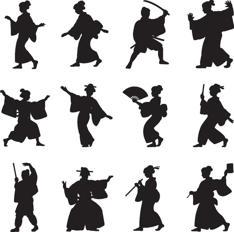 Silhouettes of people in traditional japanese clothing vector