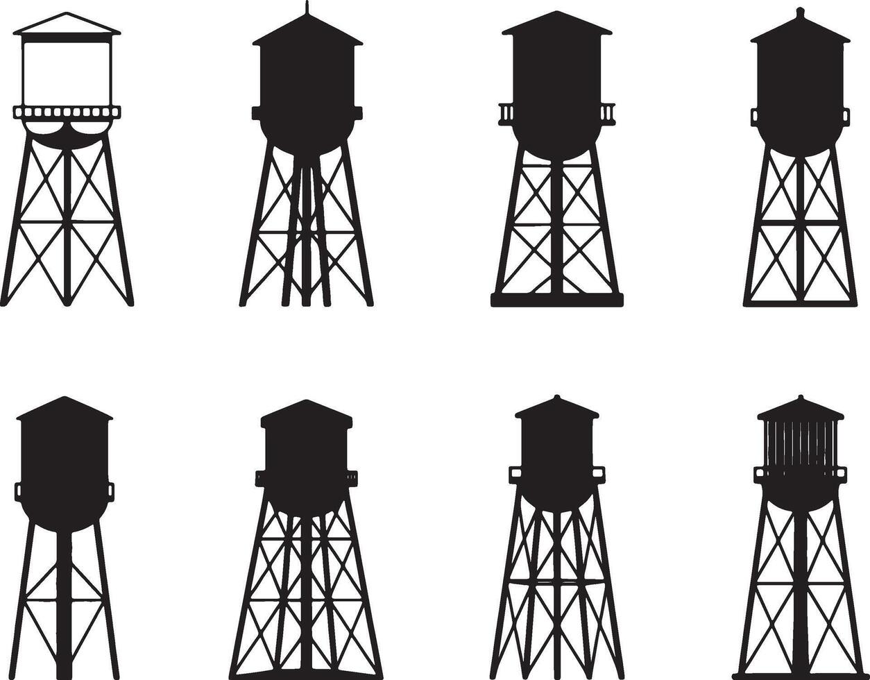 Best Eight silhouettes of water towers various designs vector