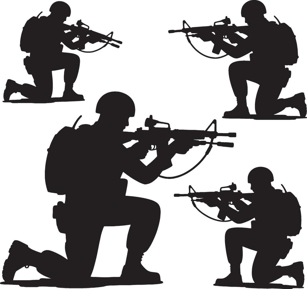 Soldiers kneeling silhouettes with rifles military combat vector