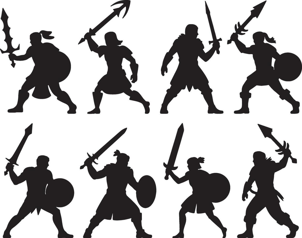 Silhouettes of warriors fighting with swords and shields vector