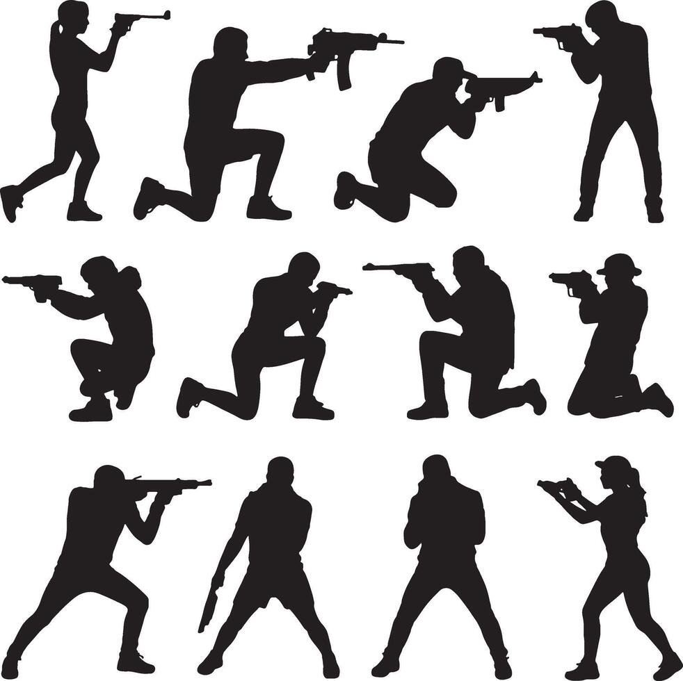 Nice Silhouettes of people shooting guns various poses vector