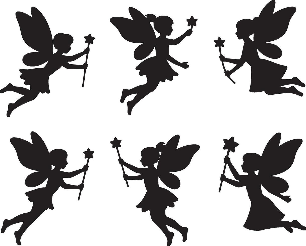 Six silhouettes of fairies with wands vector