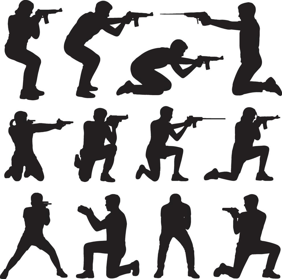 Silhouettes of soldiers firing weapons in various positions vector