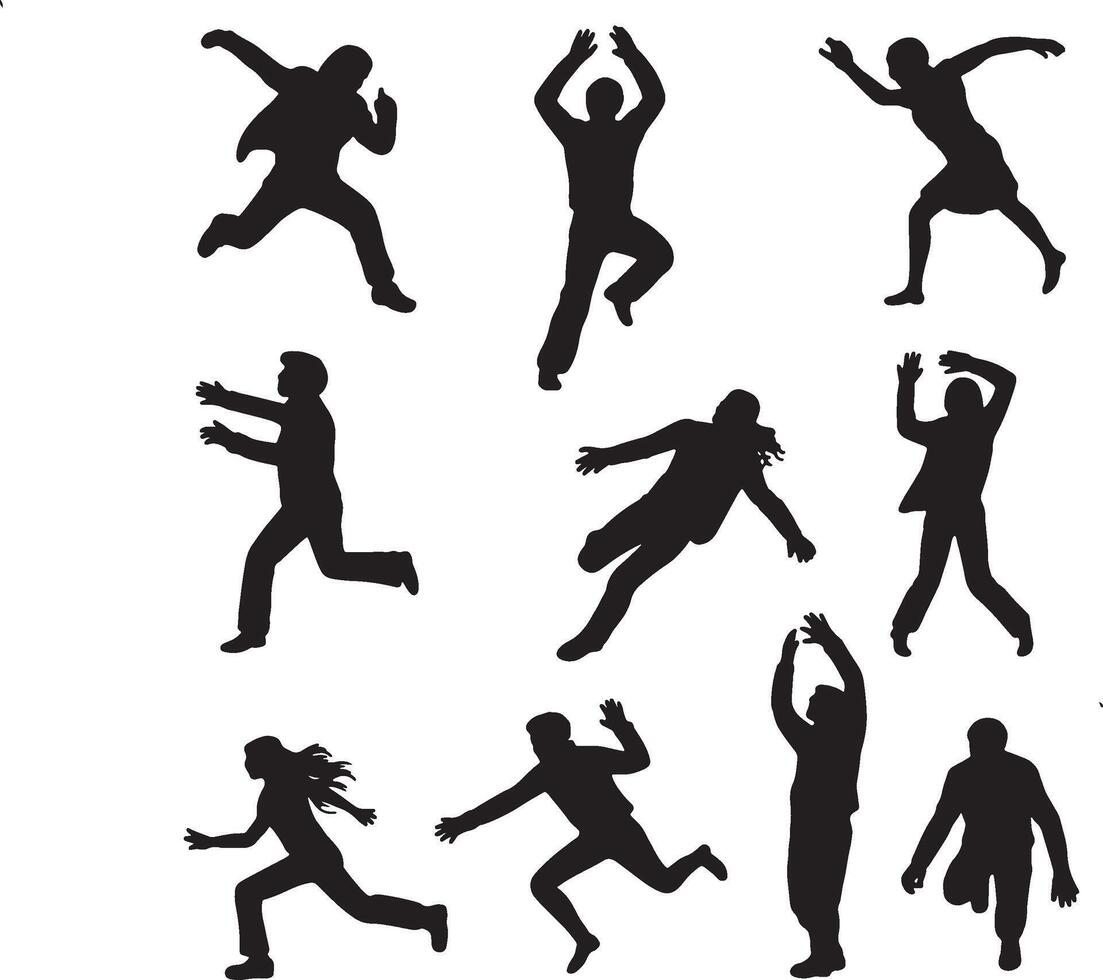 Nine diverse silhouettes people jumping running falling vector
