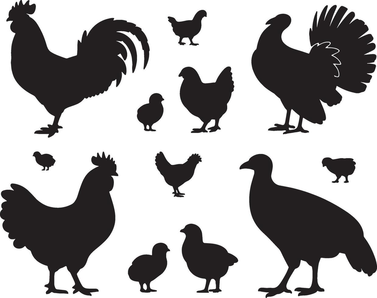 Silhouettes of chickens roosters and turkeys vector