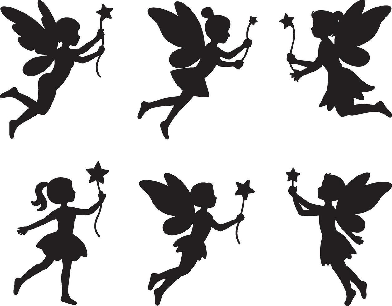 Six silhouettes of cute little fairies with stars vector