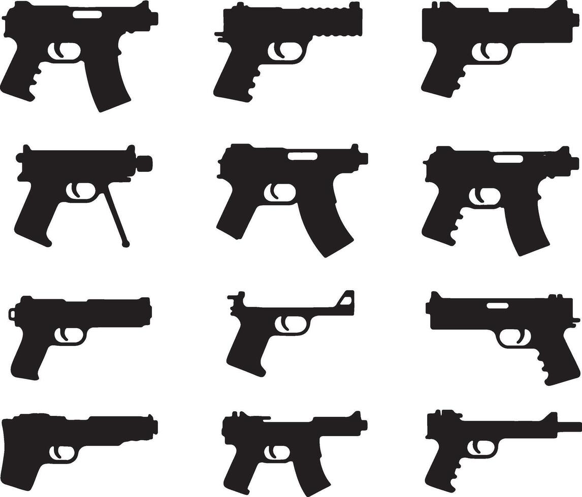 Twelve silhouettes of different handguns firearms weapons vector