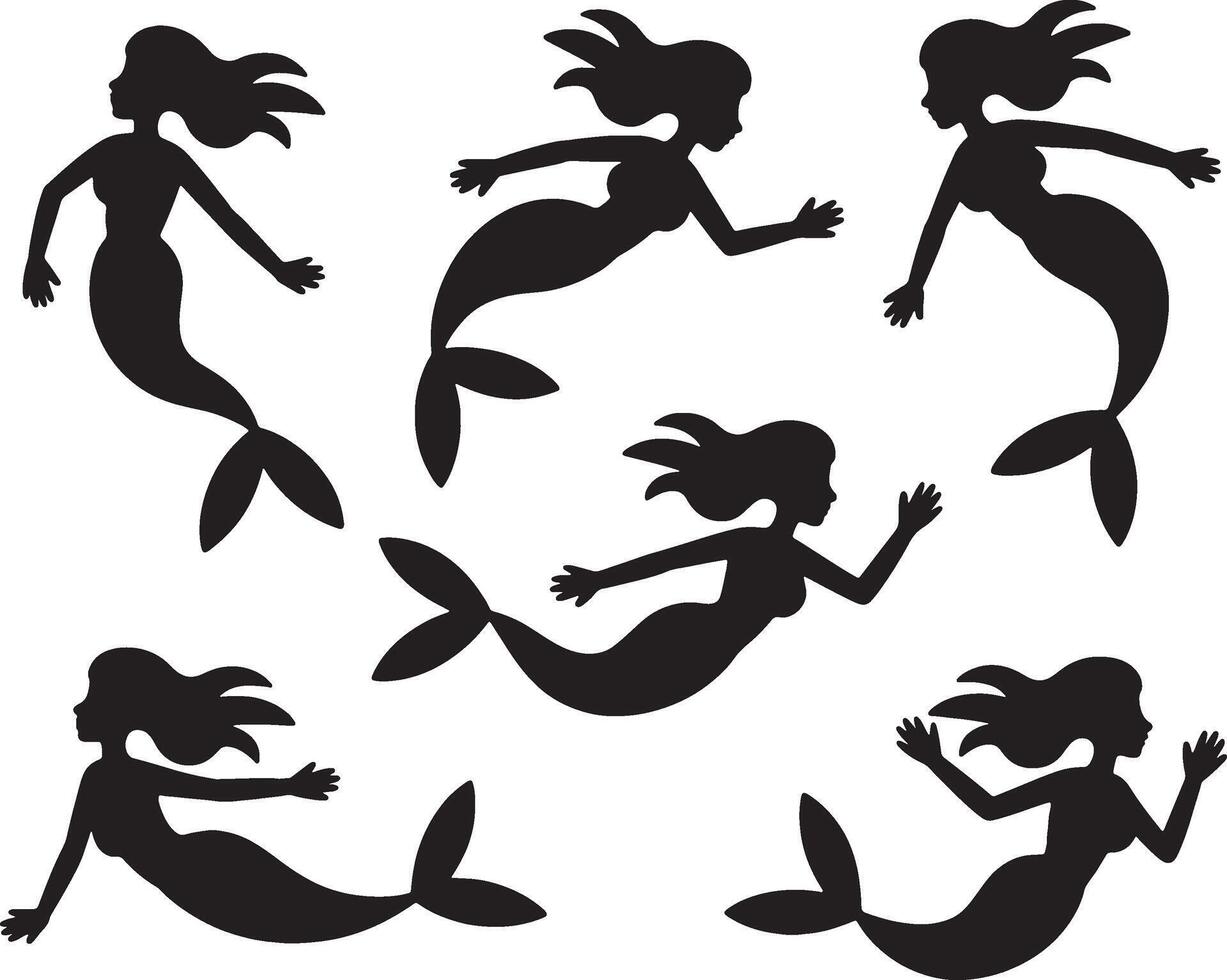 Six silhouettes of elegant mermaids swimming vector