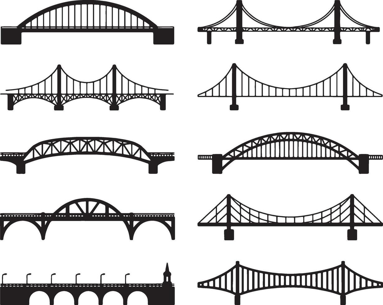 Various bridge types black silhouettes collection vector