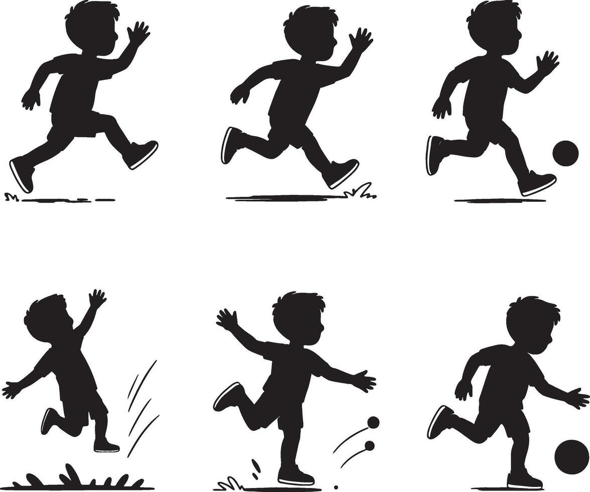 Active boy silhouettes playing soccer running jumping vector