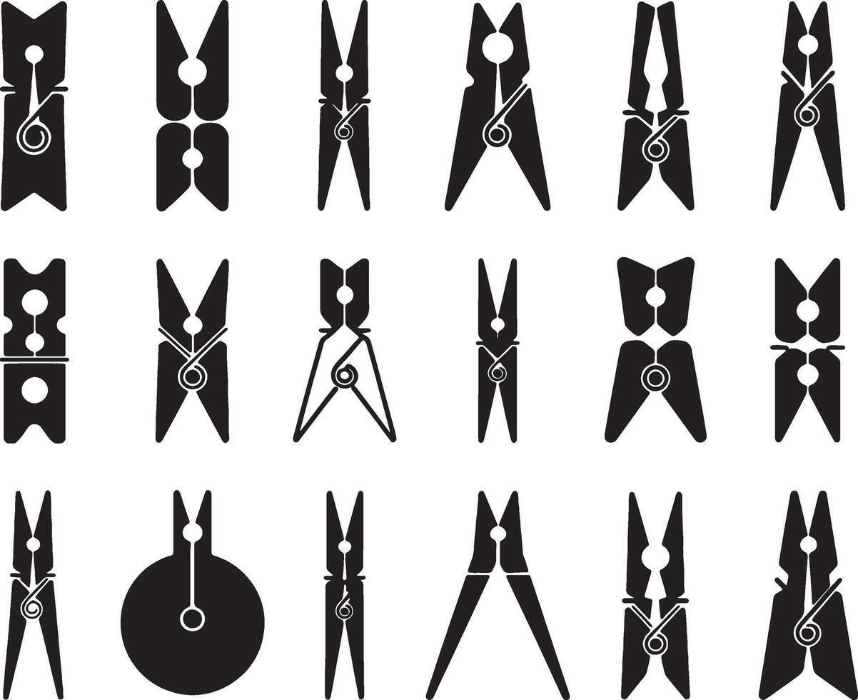 Various types of clothes pegs black icons set vector