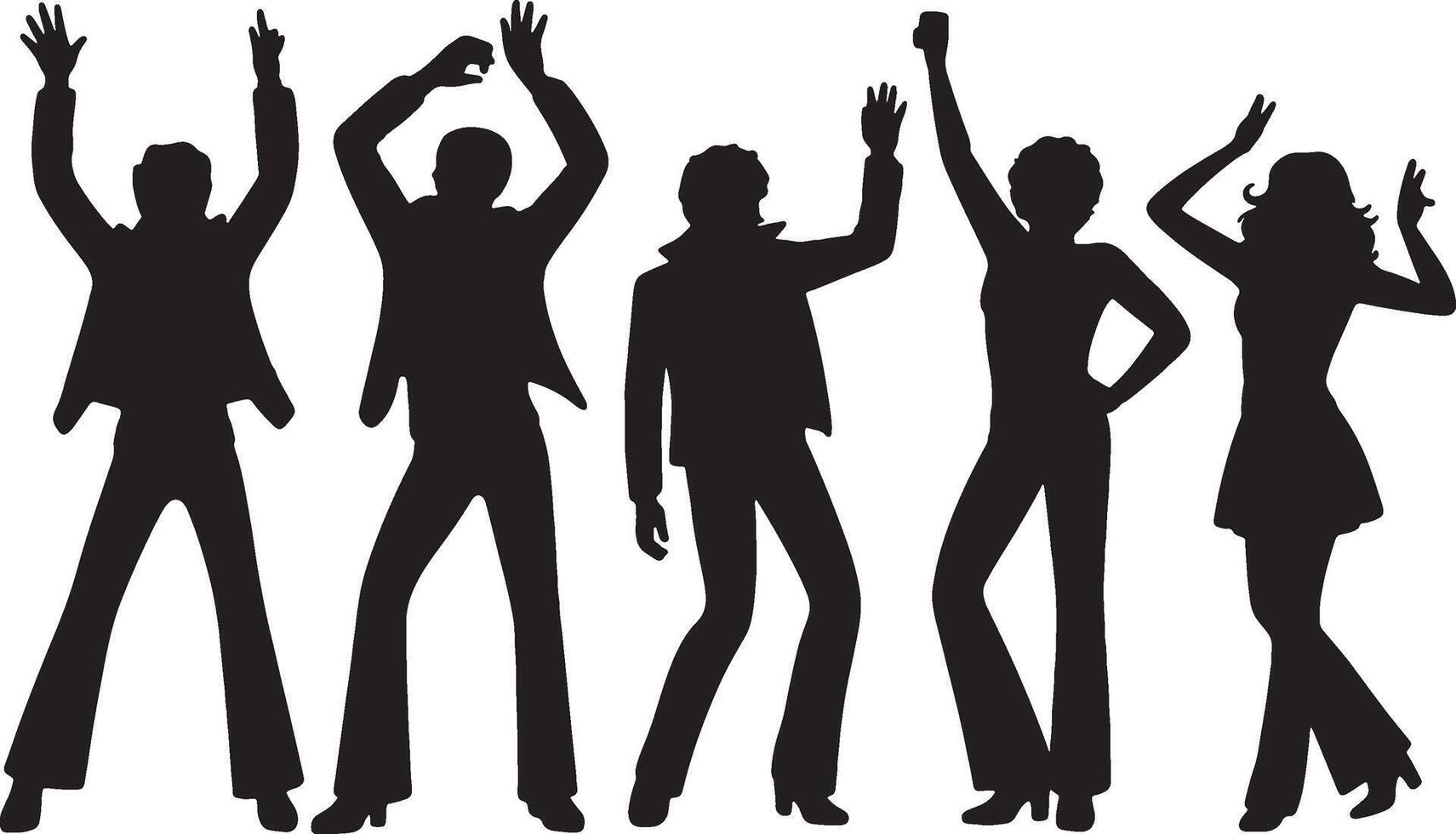 Silhouettes of groovy 70s disco dancers partying vector