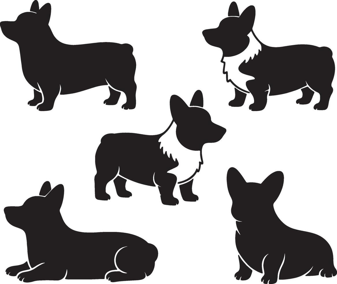 corgi dog silhouette set, black and white illustration vector