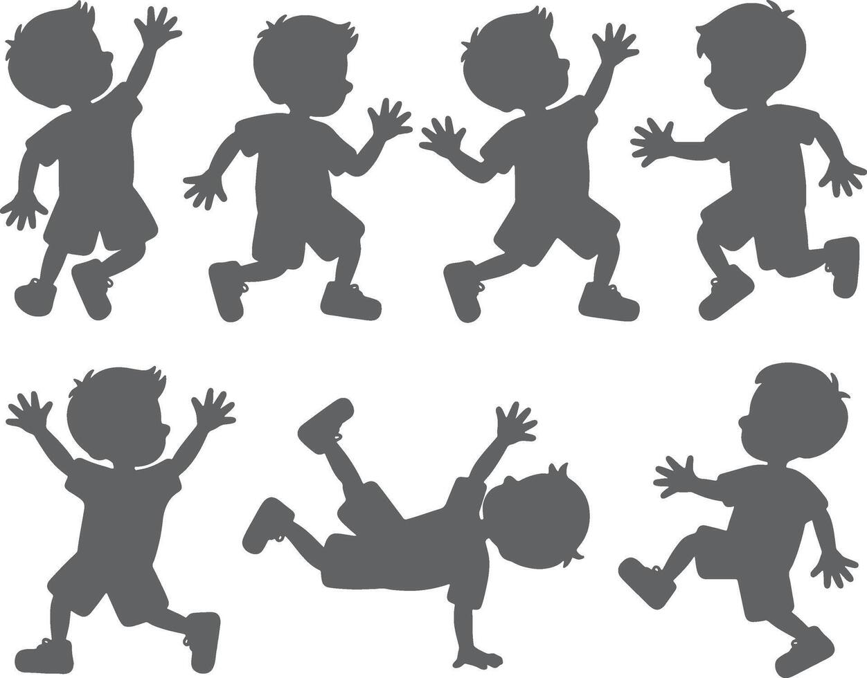 Six silhouettes of playful boys in motion vector