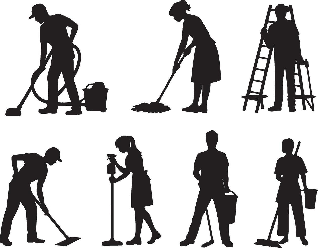 Cleaning service workers silhouettes diverse tasks vector