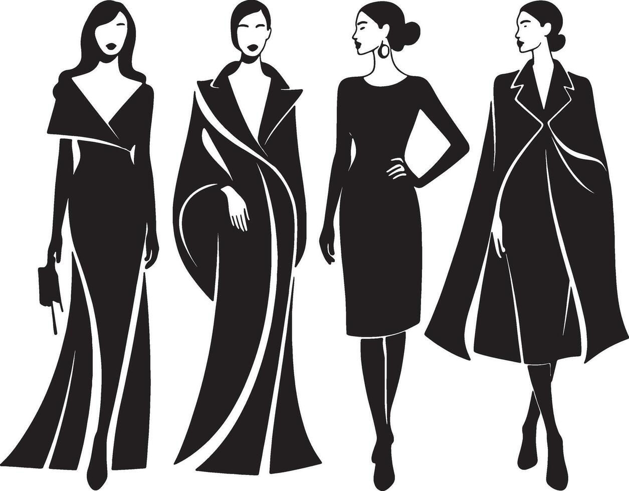 four women in formal dresses and coats vector