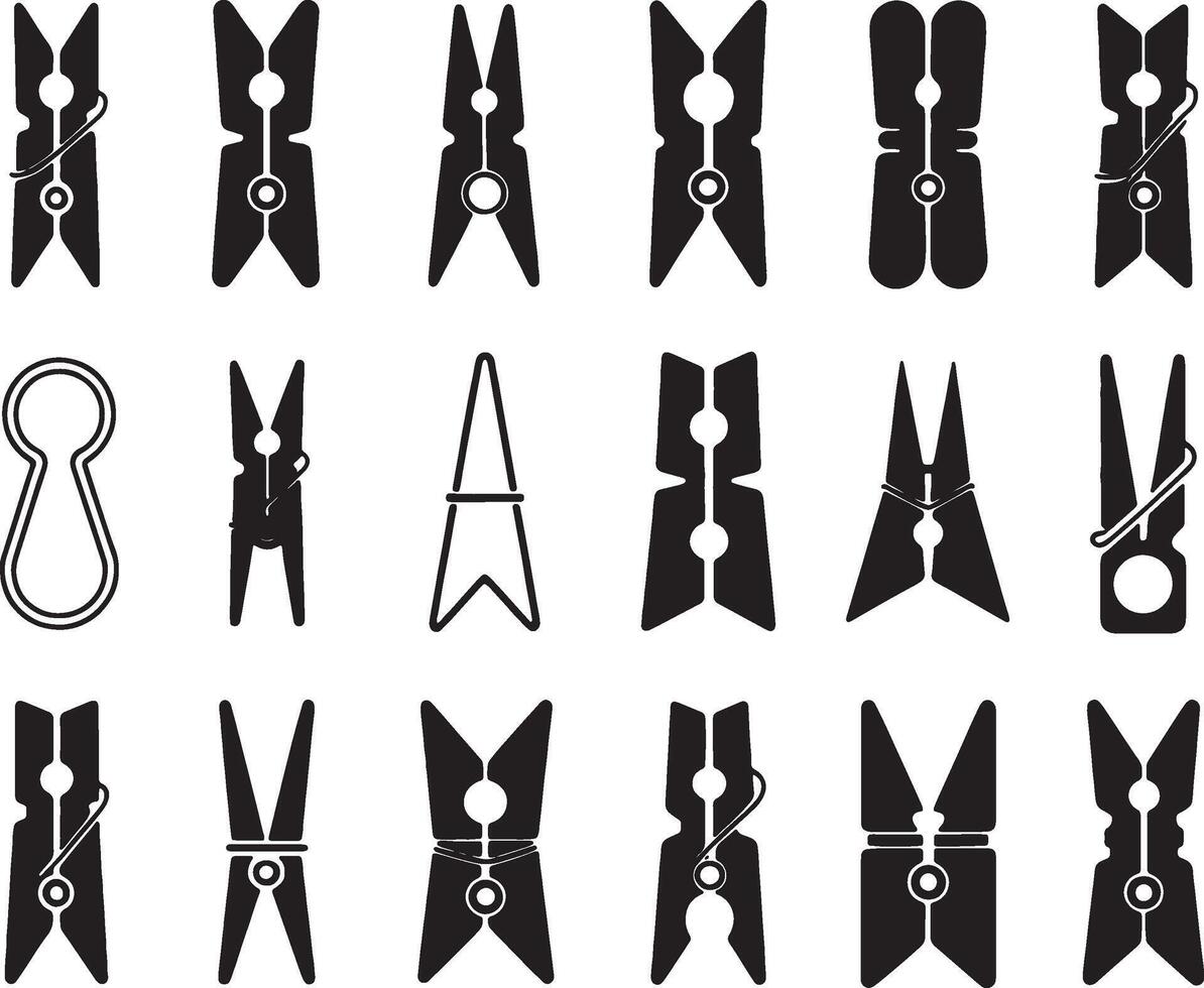 Collection of various clothespin designs black silhouettes vector