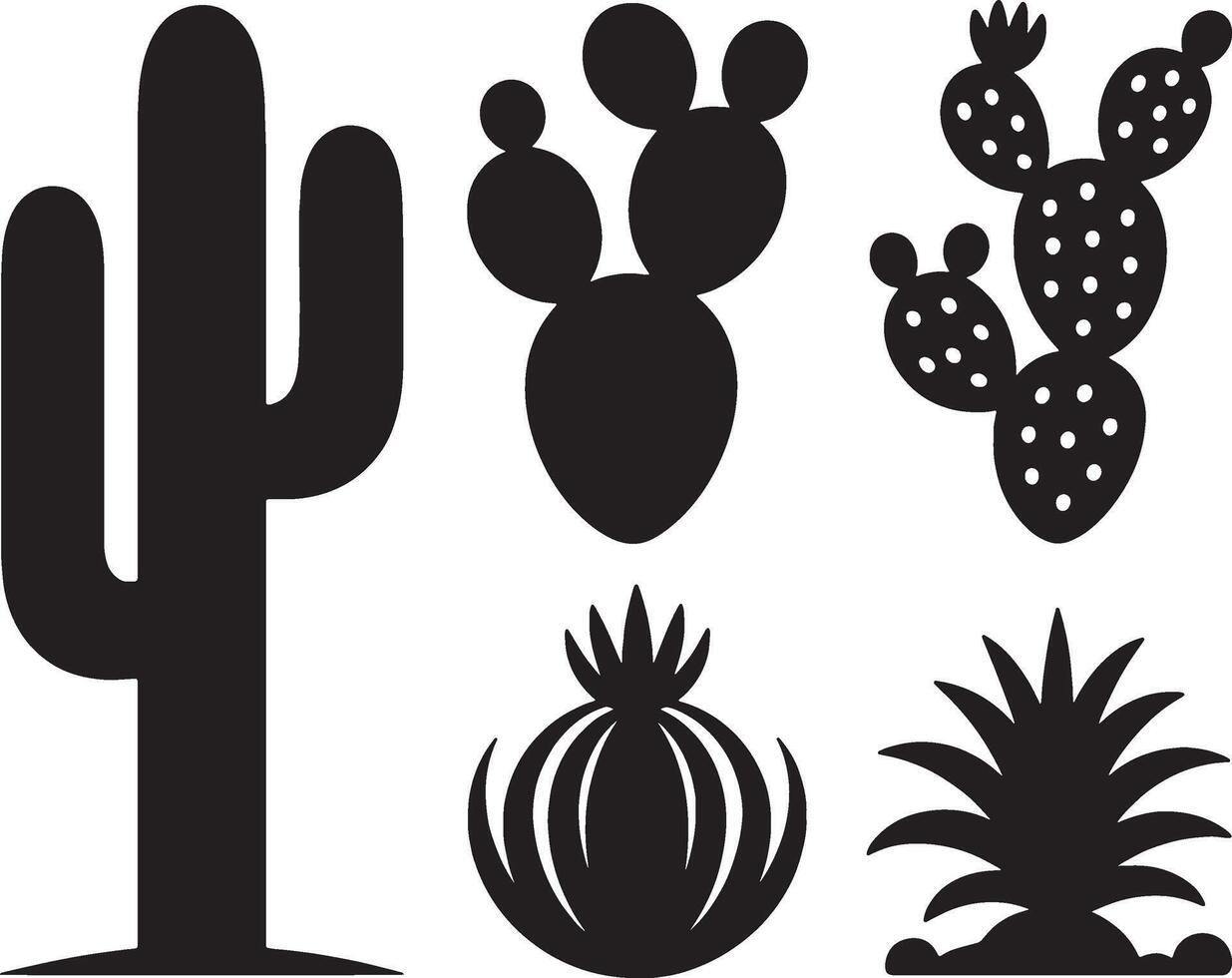 Desert cactus plants silhouette icons set vector