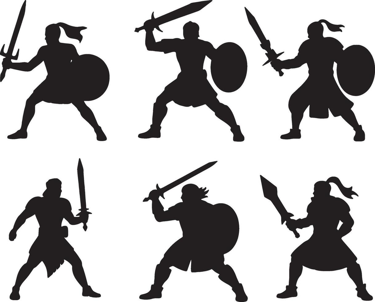 Best Silhouettes of warriors fighting with swords and shields vector