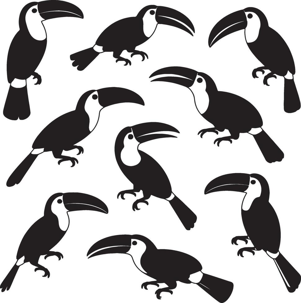 Nine silhouettes of toucans tropical birds vector