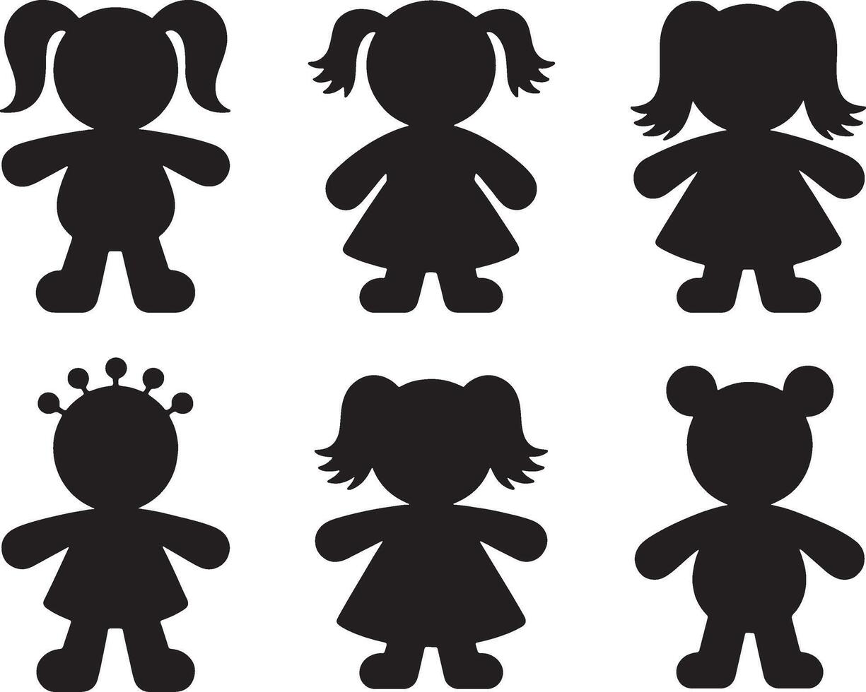 Six silhouettes of cute little girls and a bear vector