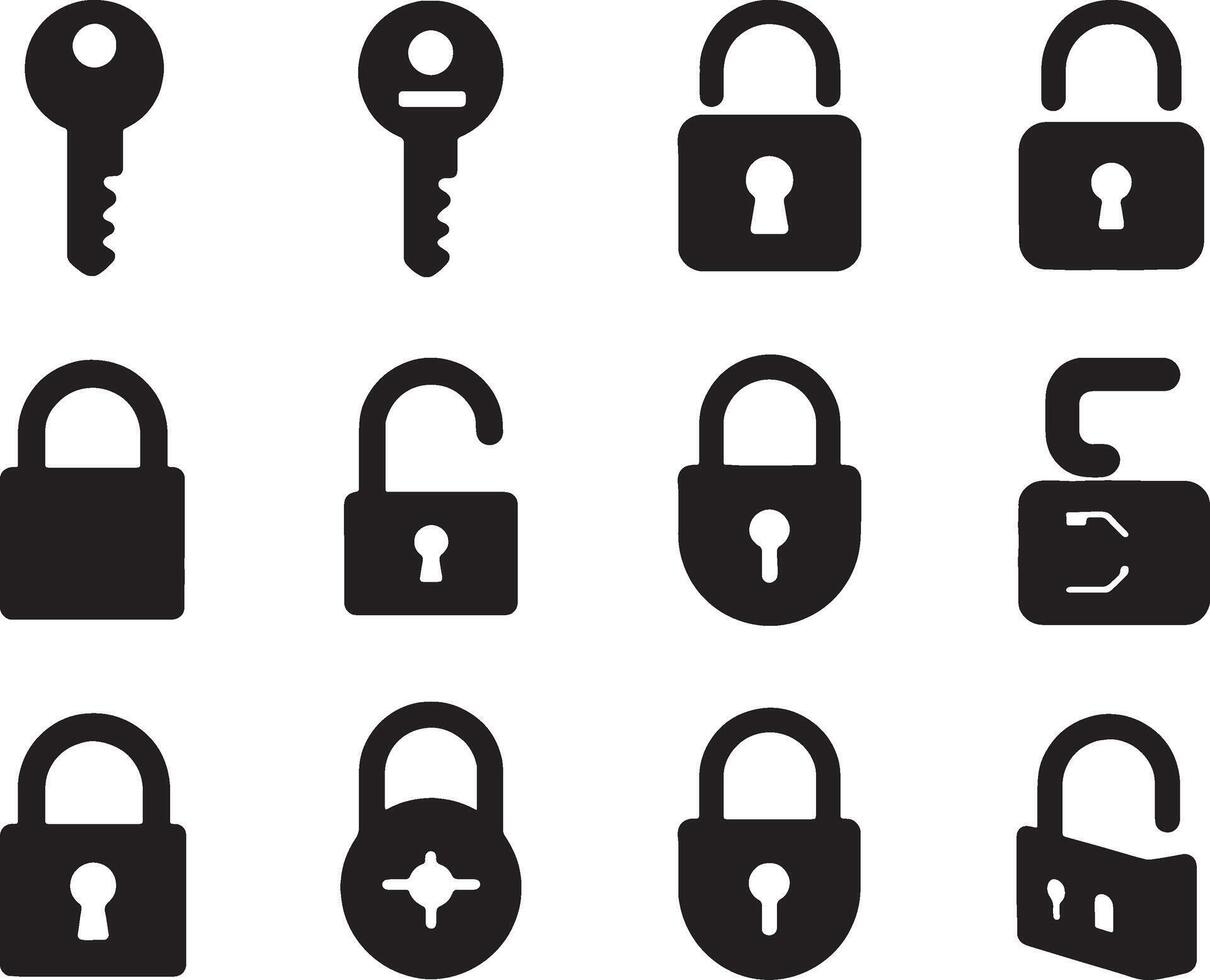 Security icons set padlocks keys open closed locked vector