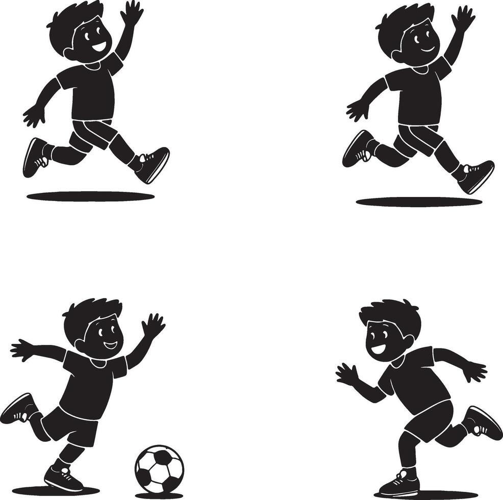Happy kids playing soccer silhouettes active fun vector
