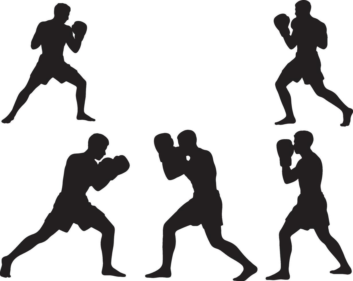 silhouettes of a man in various poses with boxing gloves vector