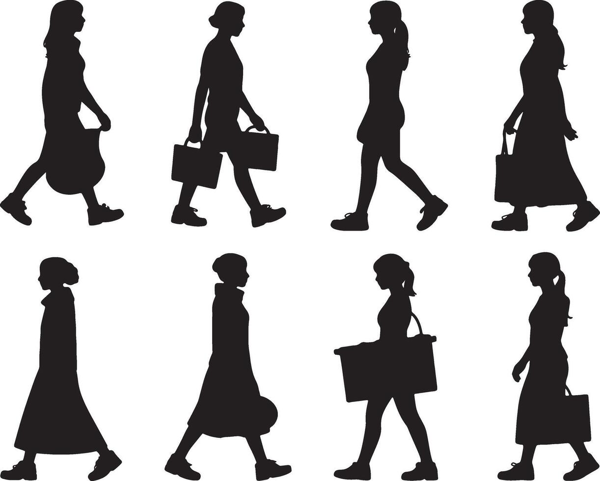 silhouettes of women walking with bags and purses vector